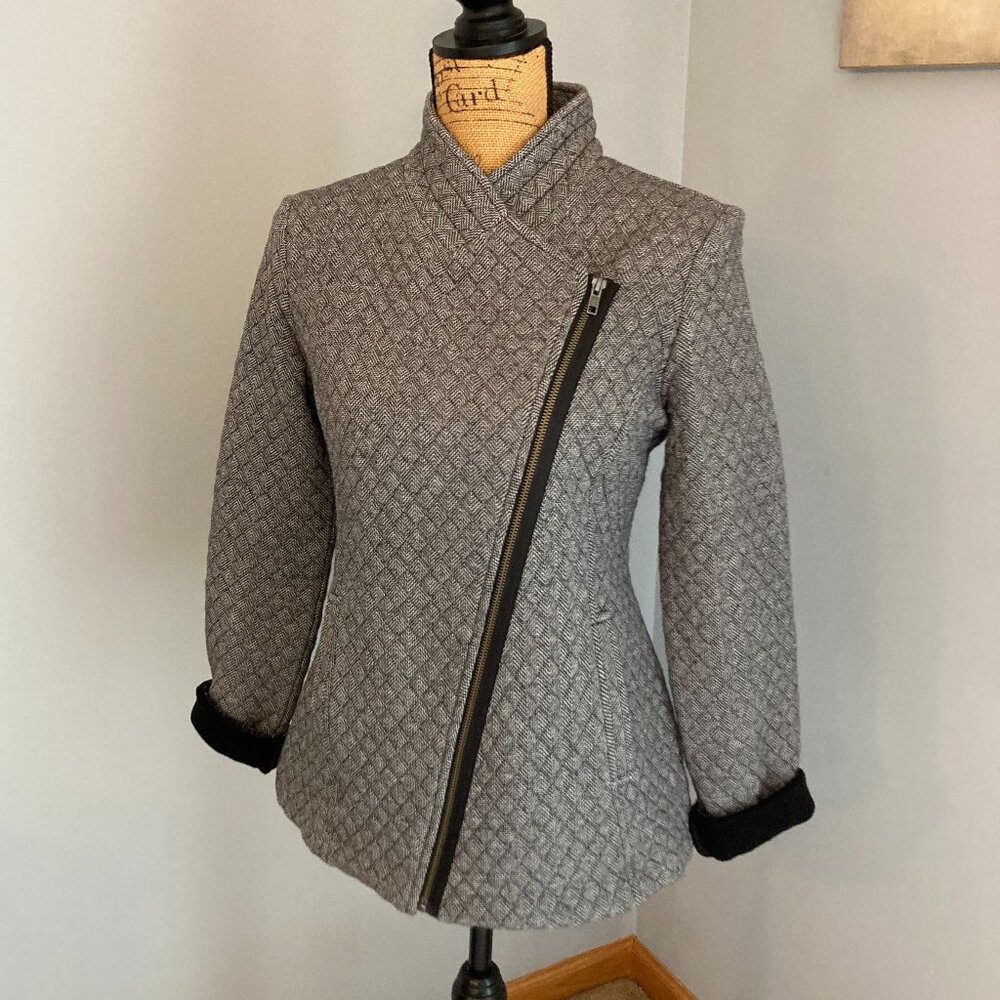 Cabi Gray Quilted Moto Jacket Herringbone Pattern Size S